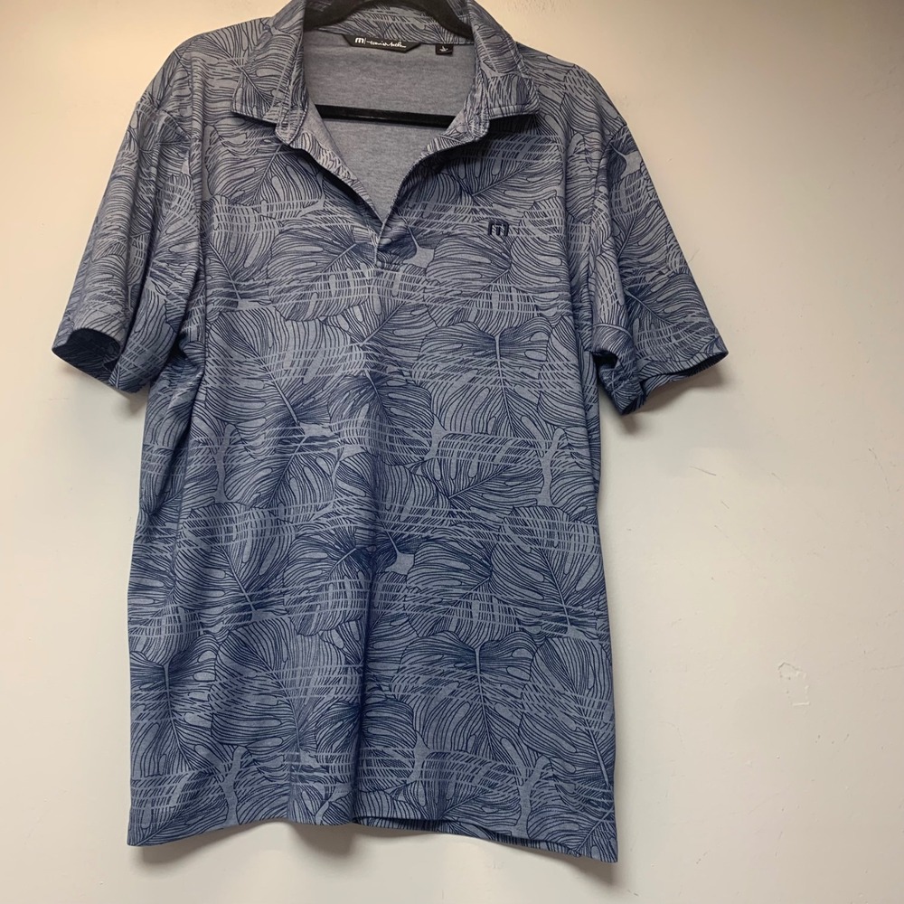 TravisMathew Polo Shirt Mens Large Blue Excellent Tropical Leaf Pima Cotton